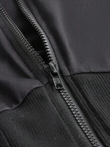 SHEIN EZwear 女式薄款纯色拉链长袖修身夹克，休闲时尚，适合日常穿着，秋冬女装 - 黑色 - 查看 3