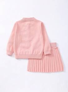 SHEIN Playful Pals 2pcs/Set Young Girls Ditsy Floral Embroidery Long Sleeve Knitted Cardigan & Pleated Mini Skirt Suits, Cute/Vintage/Casual Suitable For School And Outdoor, Spring/Summer Outfits Kids Swearter Skirts Sets Girls Sweater Set Set Clothes For Girls - Pink - View 2