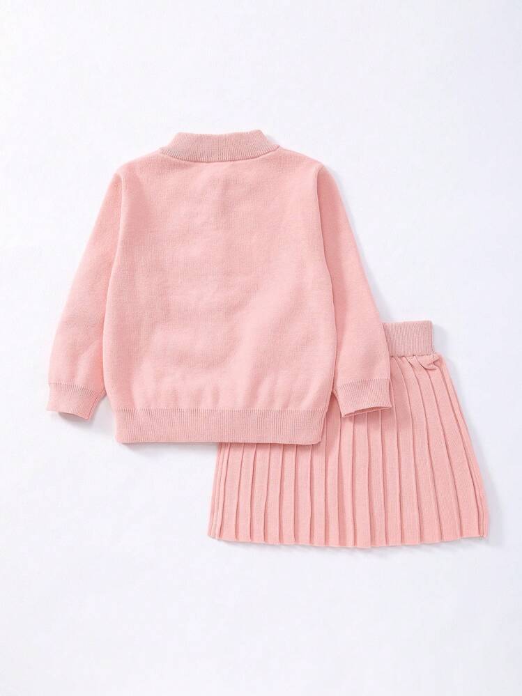 SHEIN Playful Pals 2 件套年轻女孩碎花刺绣长袖针织开衫和褶皱迷你裙套装，可爱/复古/休闲，适合学校和户外，春夏服装儿童毛衣裙套装女童毛衣套装女童衣服 - 粉色 - 查看 2