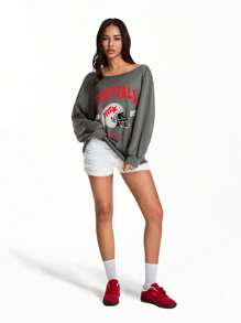 Lunelith SHEIN Lunessa Sudadera holgada casual con estampado de letra y voleibol desgastada, estilo deportivo y urbano con cuello redondo, para la primavera