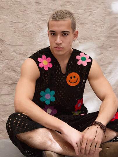 Manfinity VCAY 2pcs/Set Men Knitted Fashion Casual Loose Short Sleeve Sweater With Elastic Waist Shorts, Suit, For Fall Winter