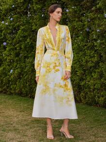 Anewsta Conjunto de dos piezas de mujer tejido, posicionamiento a la moda, estampado con empalme, pequeños detalles de encaje, elegante conjunto de dos piezas amarillo de primavera - Amarillo - Ver 4