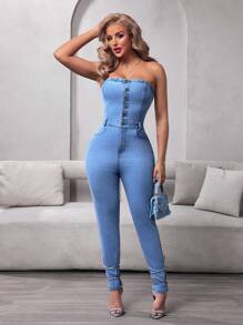 SHEIN SXY Women's Casual Washed Fitted Sleeveless Denim Jumpsuit - Light Wash - View 5
