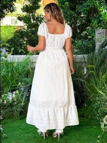 Flirla Đầm Maxi Xếp Ly Hoa Cỡ Lớn Cho Nữ, Cổ Vuông Buộc Dây, Tay Phồng - trắng - Xem 2