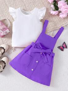 SHEIN 2 件套年轻女孩荷叶边袖上衣和纹理吊带连衣裙套装，春夏