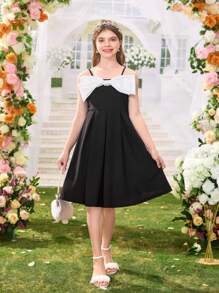 SHEIN Tween Girls' Elegant Pearls & Bow Decor A-Line Slip Dress, Casual Spring/Summer/Graduation - Black - View 3