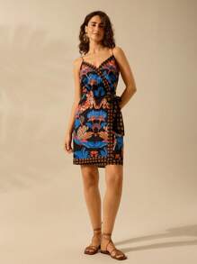 CAJUNI Vestido informal tipo pareo de playa de verano para vacaciones, con base negra y estampado tropical de plantas, tigre y loro - Multicolor - Ver 7