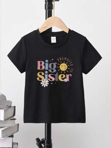 SHEIN Young Girl "Big Sister" Smiling Face, Sunflower Print Short Sleeve Cute T-Shirt - Black - View 2