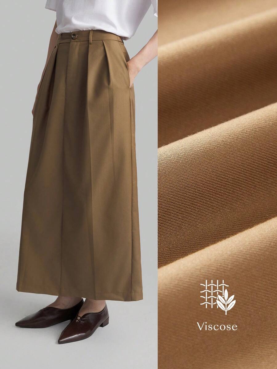 Ontre 2026春夏女装休闲纯色百褶长裙，现代都市派对、返校、婚礼、都市简约休闲日常、波西米亚风、度假、假日棕色半身裙，百搭复古风女裙 - 棕色 - 查看 1