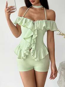 Flirla Set de 2 piezas con top de camiseta con bajo asimétrico con volantes y shorts ajustados de cintura baja para mujer, para primavera/verano