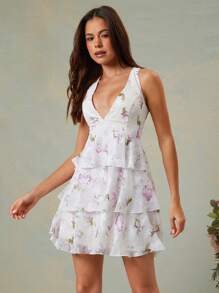 L'Amorae DEEP V NECK TIERED FLORAL PRINT MINI DRESS - Multicolor - View 3