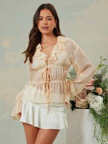 L'Amorae بلوزة ربيعية ذات أكمام منبثقة منمقة متموجة شبه شفافة ولامعة