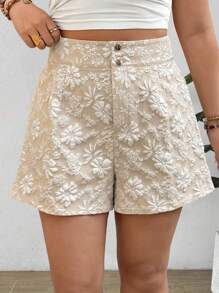 Elenzga Plus Size Women's Summer Textured Fabric Button-Up Elegant Casual Shorts - Apricot - View 1