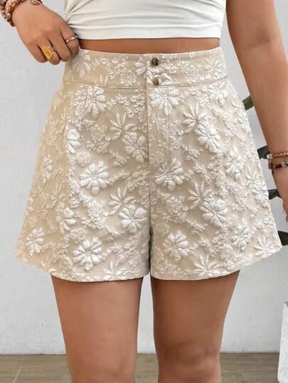 Elenzga Plus Size Women's Summer Textured Fabric Button-Up Elegant Casual Shorts