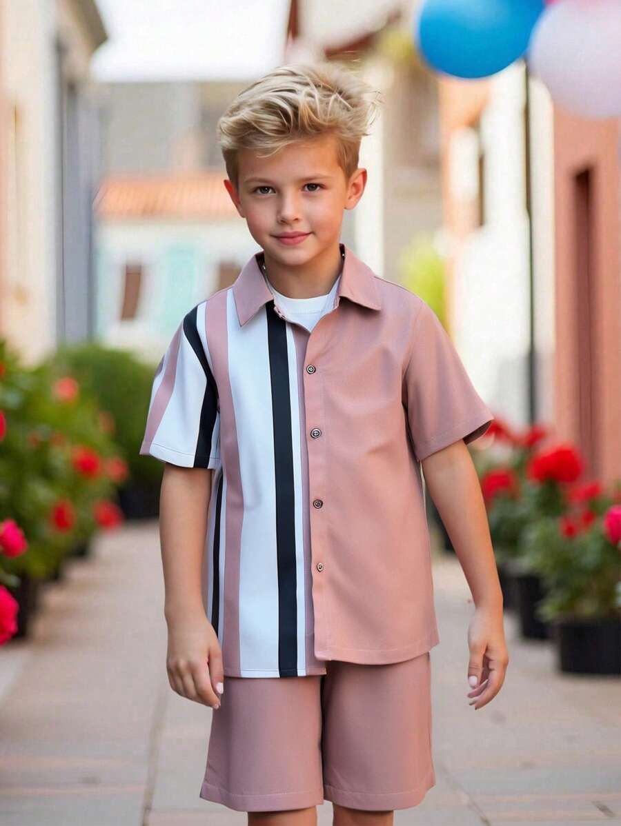 SHEIN Tween Boy Striped Print Shirt & Shorts Without Tee - Dusty Pink - View 1