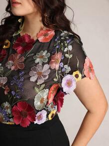 Anewsta Plus Size Women Summer, Holiday, Festival Floral Embroidered Decorated Blouse - Black - View 5
