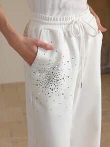 Anewsta 时尚休闲女式长裤，采用水钻设计和收腰设计 - 白色 - 查看 1