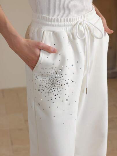 Anewsta Pantalones casuales de moda para mujer con diseño de pedrería y cintura ajustada