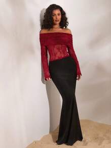 Opulessa Women's Solid Color Knitted Lace Off Shoulder Long Sleeve Top - Burgundy - View 3