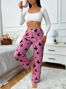RueChic Women Viscose High Quality All Over Contrast Colour Butterfly With Ribbon Detail Homewear Lounge Bottom - Pink - View 5