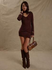 MUSERA Rib Knit Plunge V-Neck Scarf Twist Front Detail Fitted Bodycon Long Floaty Sleeve Mini Dress Spring Cute Sexy  Chic - Coffee Brown - View 4