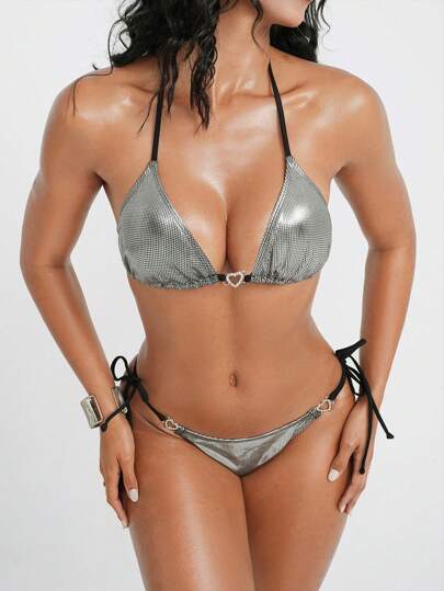 Swim EVENT Springbreak New Women's Sexy Bikini Set Set, 2pcs, Metallic Silver Fabric, Halter Neck Tie Top With Heart Accent, Side Tie Bottom With Heart Accent, Fashionable EDM Festival & Beach Vacation Swimwear