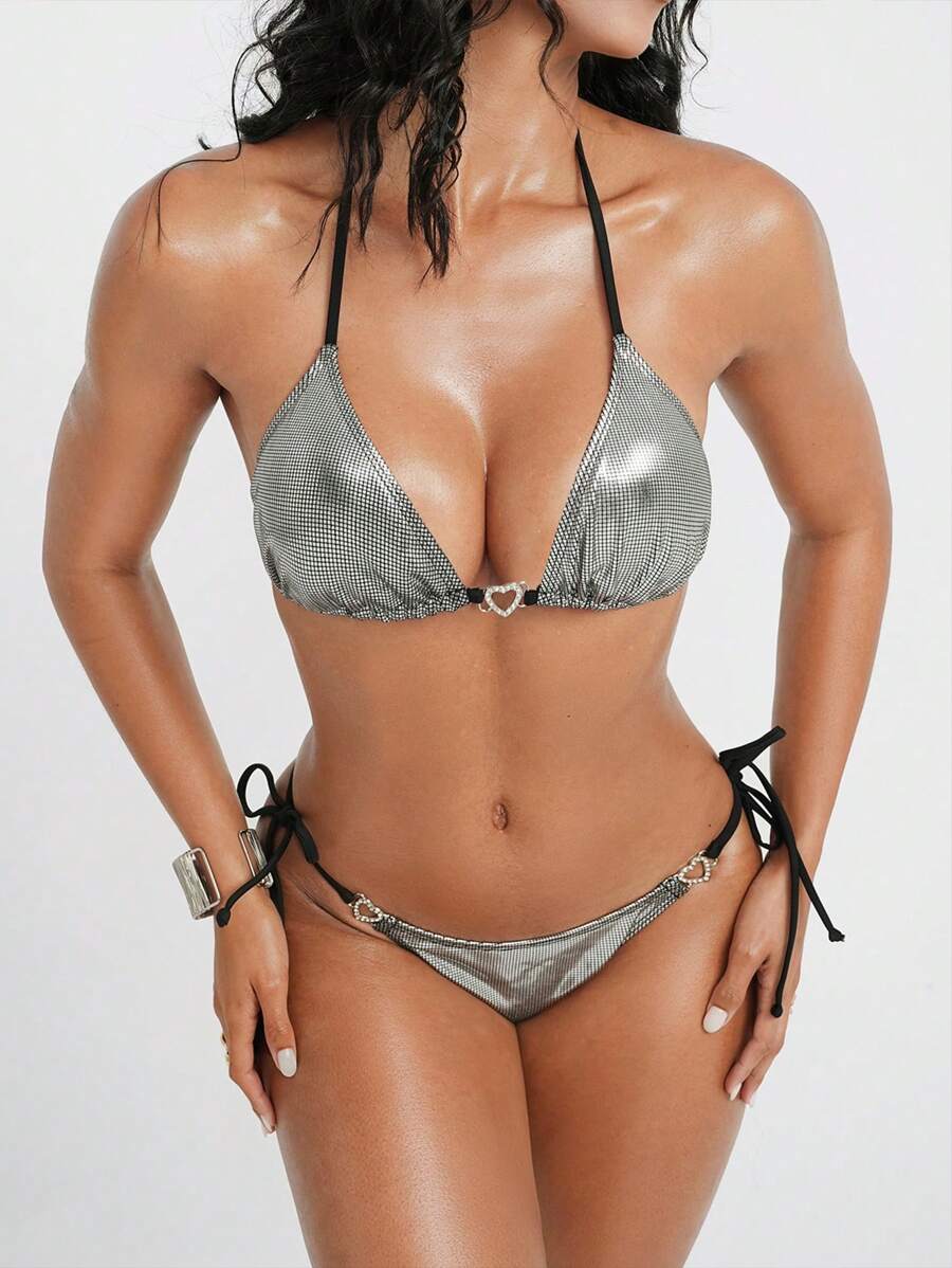 Swim EVENT Springbreak New Women's Sexy Bikini Set Set, 2pcs, Metallic Silver Fabric, Halter Neck Tie Top With Heart Accent, Side Tie Bottom With Heart Accent, Fashionable EDM Festival & Beach Vacation Swimwear