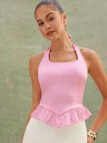 L'Amorae Elegante top de verano sin mangas con cuello halter, detalle de fruncido, volante en el bajo y lazo en la espalda, de satén, para mujer - Rosa - Ver 3