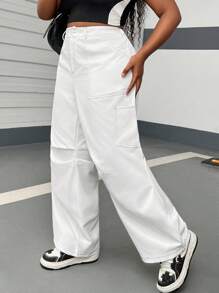 SHEIN EZwear Plus Size Women Solid Color Pleated Pockets Wide Leg Loose Casual Pants - Beige - View 1