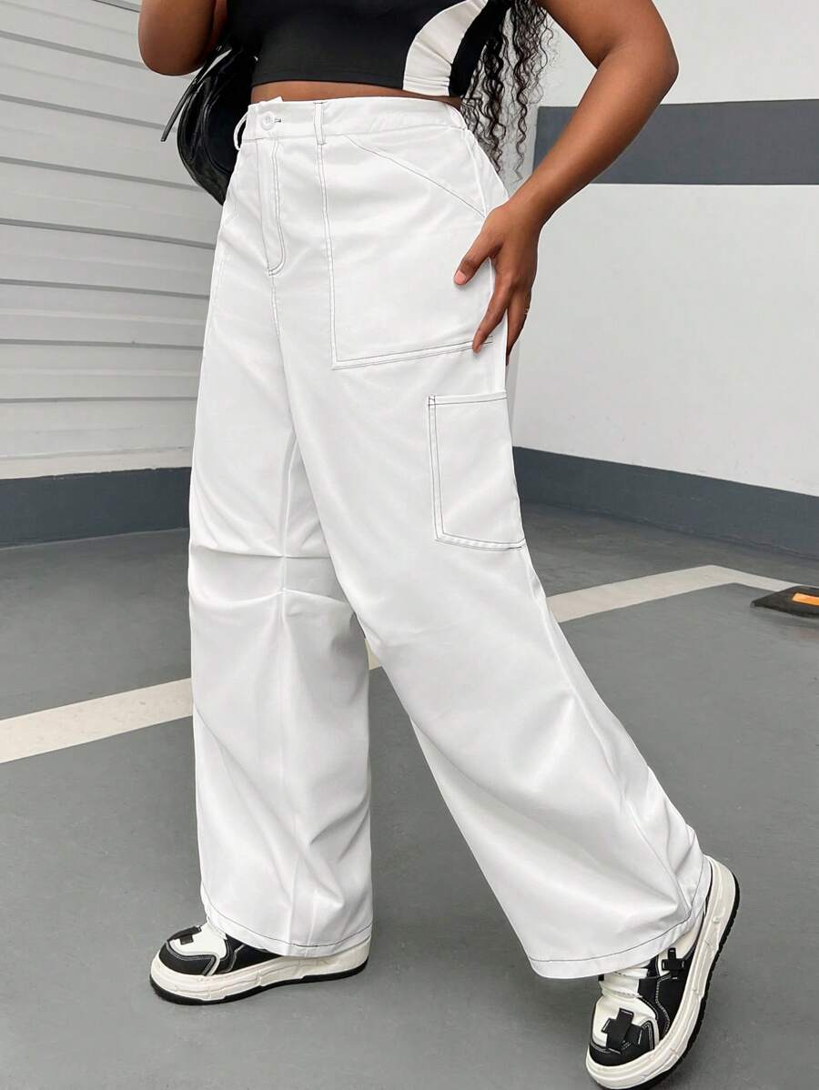 SHEIN EZwear Plus Size Women Solid Color Pleated Pockets Wide Leg Loose Casual Pants - Beige - View 1