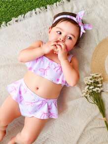 Newborn Baby Girl Cherry Bow Print Ruffle Trim Split Swimsuits With Headband - Pink - View 1