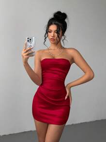 Aloruh 女士派对/约会之夜性感 V 领褶皱胸围迷你紧身连衣裙，粉色，秋冬 - 紅色 - 查看 6