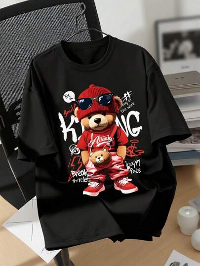 New Design Cute Bear Graphic T-Shirt, Women Round Neck Casual Loose Fashion Tops, Suitable For Spring/Summer Everyday Wear