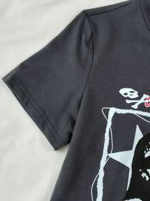 SHEIN Unity 街头风格女式摇滚印花圆领 T 恤，夏季 - 深灰色 - 查看 3