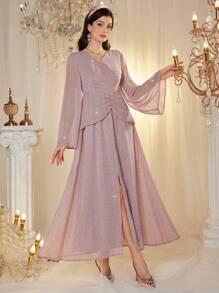 Modelyn Dam V-ringad Långärmad Slit Minimalistisk Elegant Klänning - Rosa - Visa 7