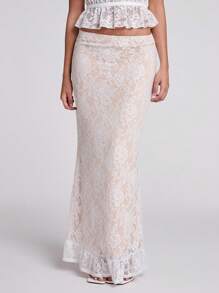 SHEIN BAE Falda de encaje de malla floral elegante de cintura baja para vacaciones en la playa, invitados de boda, despedidas de soltera