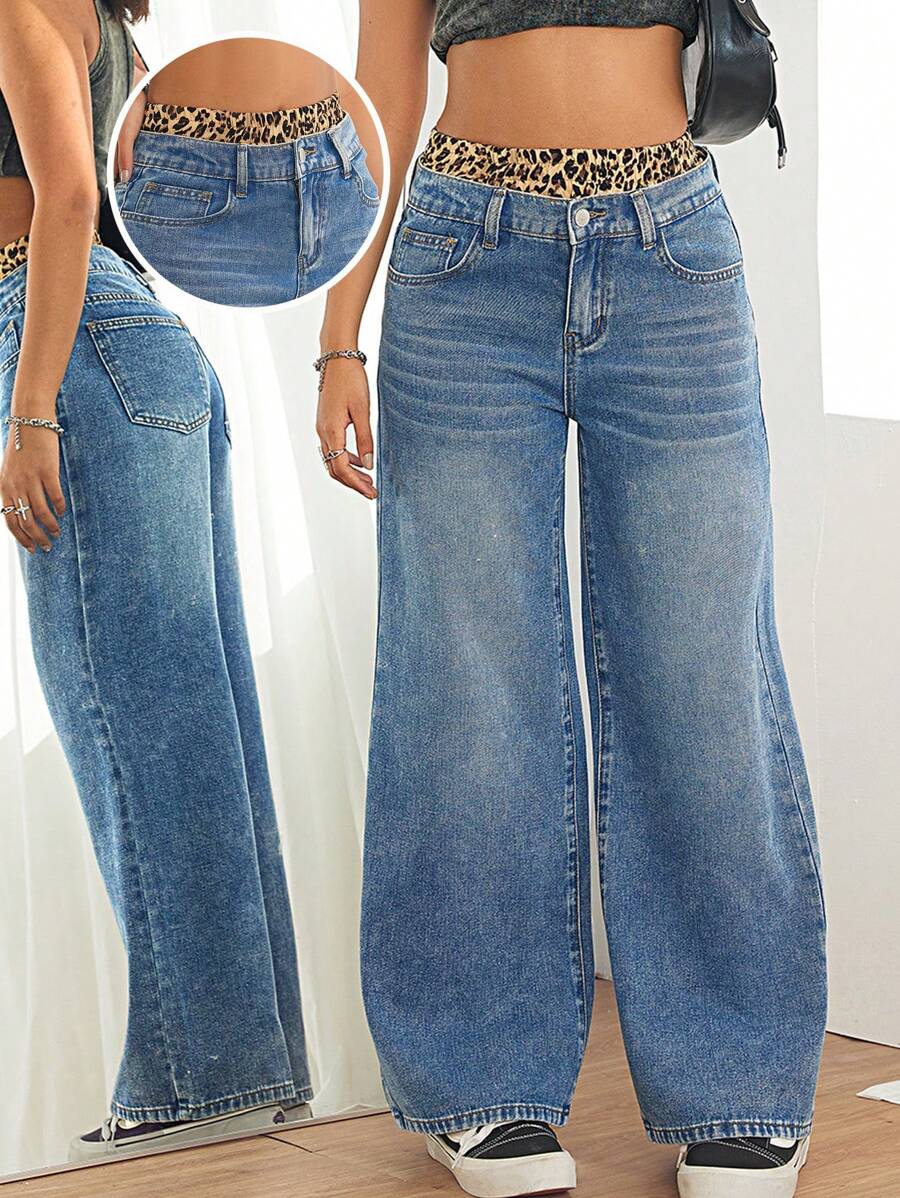 SHEIN PETITE Women's Casual Loose Fit Leopard Patchwork Wide Leg Jeans, Blue - Medium Wash - View 1
