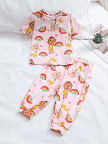 CoComelon X SHEIN 女婴 2 件套可爱甜美彩虹图案 T 恤和裤子家居服睡衣套装，春夏 - 粉色 - 查看 6