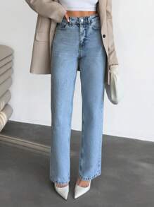 RueChic Jeans casual dritti in vita alta lavati per donna