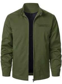Manfinity Homme Men's Solid Color Front Zipper Long Sleeve Pocket Casual Jacket