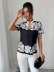 Elenzga 女式短袖花卉印花 V 领休闲衬衫 - 彩色 - 查看 6