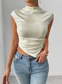 Chiquease Elegant High Neck Reflective Fabric Inverted Triangle Hem Short Sleeve T-Shirt