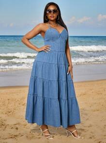 SHEIN SXY Plus Size Bohemian Style Denim Suspender High-Low Ruffle Dress - Blue - View 3