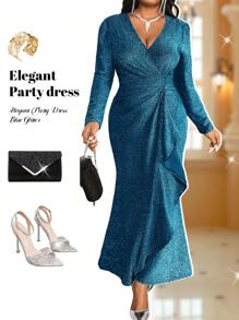 Fleurora Autumn And Winter Elegant Vintage Work Wedding Cocktail Party Christmas Sparkly Sequins Knitted Depp V Neck Rhinestone Flounce New Product Bodycon Dress Plus Size Dresses Formal Dress Prom Dress