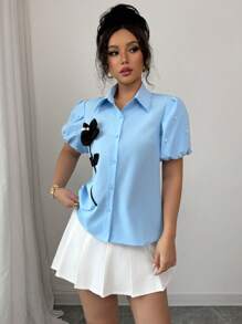 Elenzga Blue Shirt With 3D Floral Bead Decoration On The Front - Blue - View 6