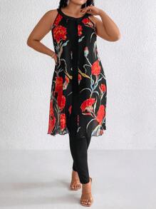 SHEIN LUNE Women 2pcs Set, Mesh Print Patchwork Halter Tank Top And Skinny Leggings - Black - View 6