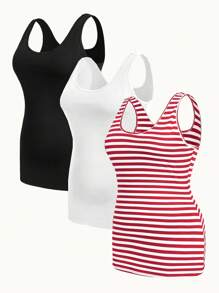 SHEIN Essnce Plus Size Dames Casual Commuting Work Werk Meerdelige Kosteneffectieve Wit En Zwart En Gestreepte Lange Scoop Hals Binnen- En Buitenshirt - Rood - Bekijken 3