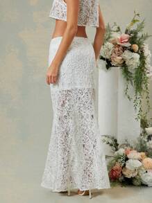 L'Amorae Front Ruched Lace Mini Skirt, Solid Color Minimalist Fashion Casual Everyday Wear - Apricot - View 3