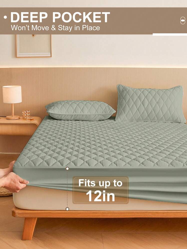 1件床笠，床上用品，床垫保护套，床罩，菱形格纹床笠，舒适家纺，透气防起球床垫保护套，纯色菱形床罩，卧室装饰，装饰床罩 - 綠色 - 查看 4