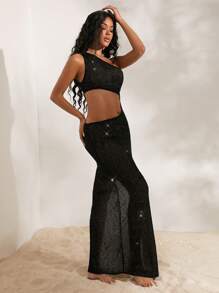 Opulessa Đầm suông hở eo đính sequin đan trơn cho nữ - màu đen - Xem 4